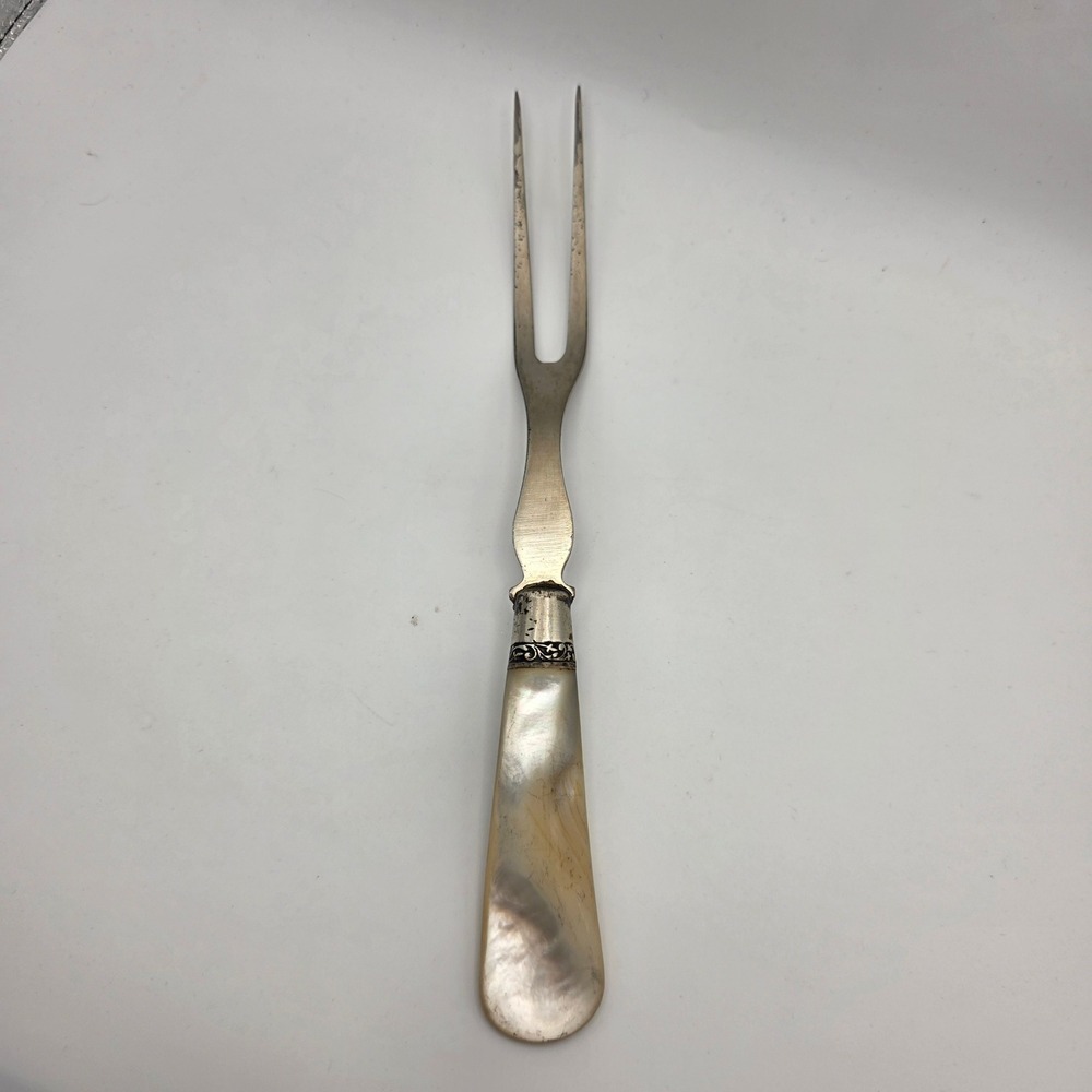Antique Mother of Pearl Handle Meat Fork Ornate Silver Ferrule Serving 2-Tine